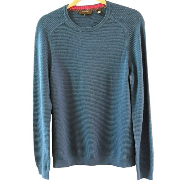 Ted Baker LondonMen's Blue Wool Blend Ribbed Knit Sweater Size 3 Pullover - Picture 1 of 4